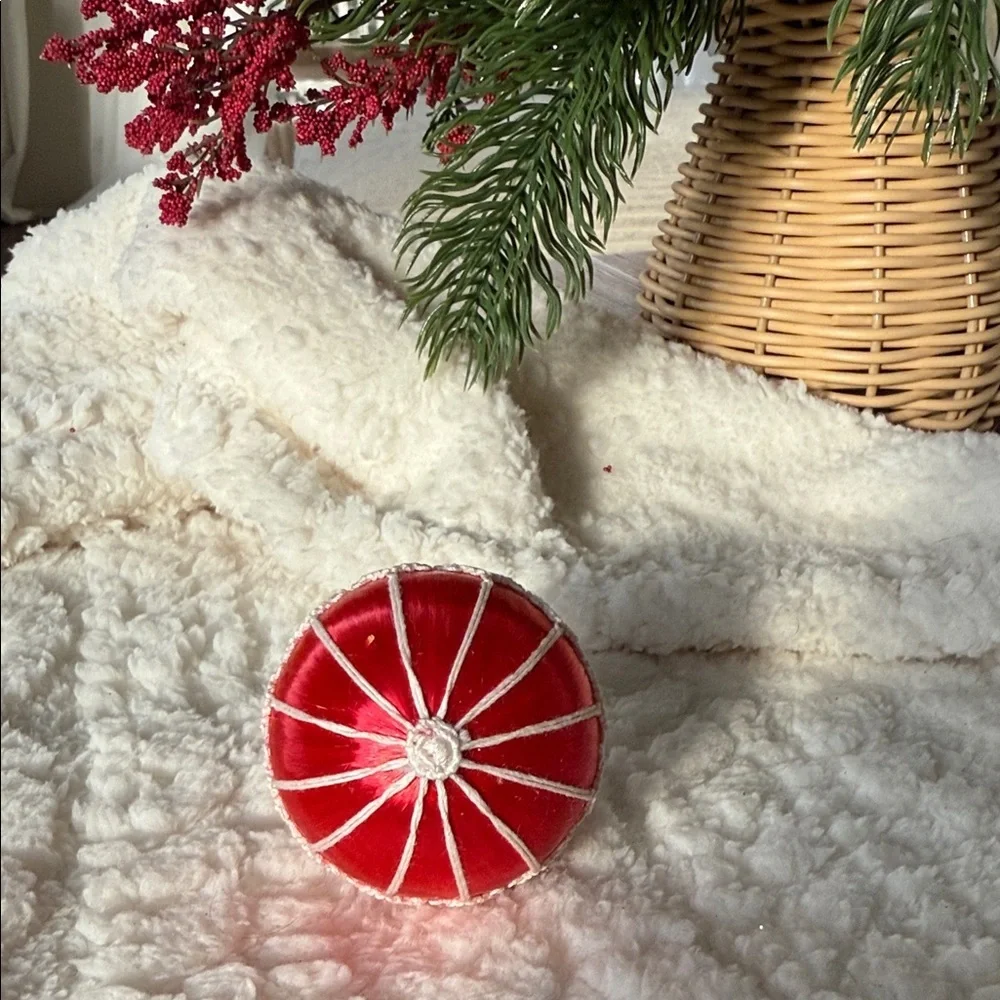 Vintage Red Satin Christmas Ornament with White Crochet Lace Overlay